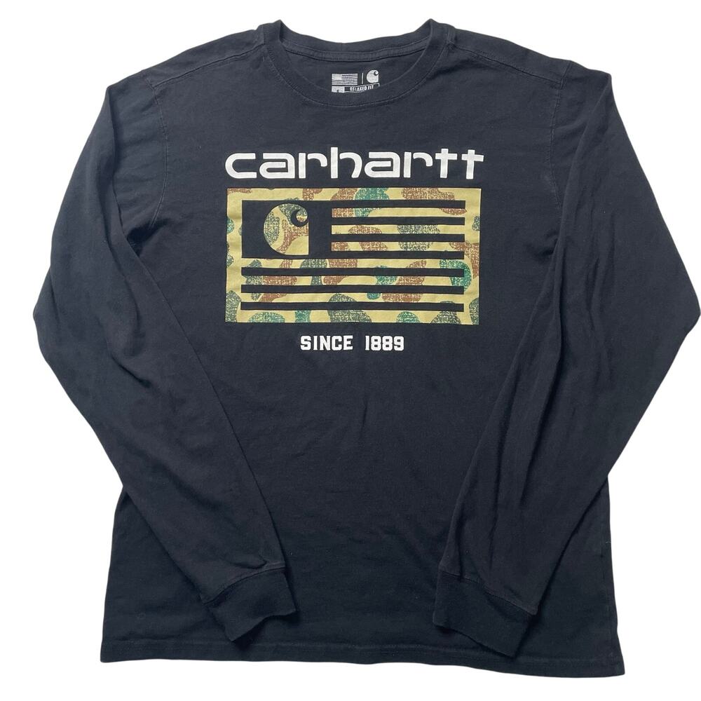 Carhartt Relaxed Fit Midweight Camo Flag Graphic Shirt Small Men's Long Sleeve